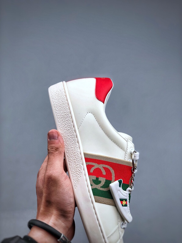 Gucci Ace Web Stripe Leather Sneakers Beige