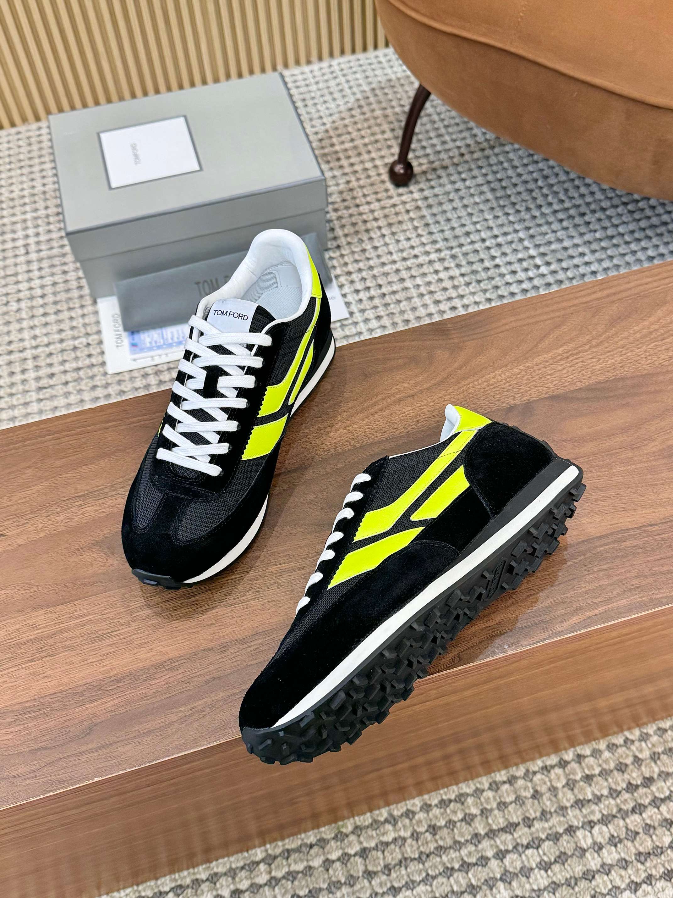Tom Ford Mesh Suede Low-Top Sneakers Black/Neon Yellow