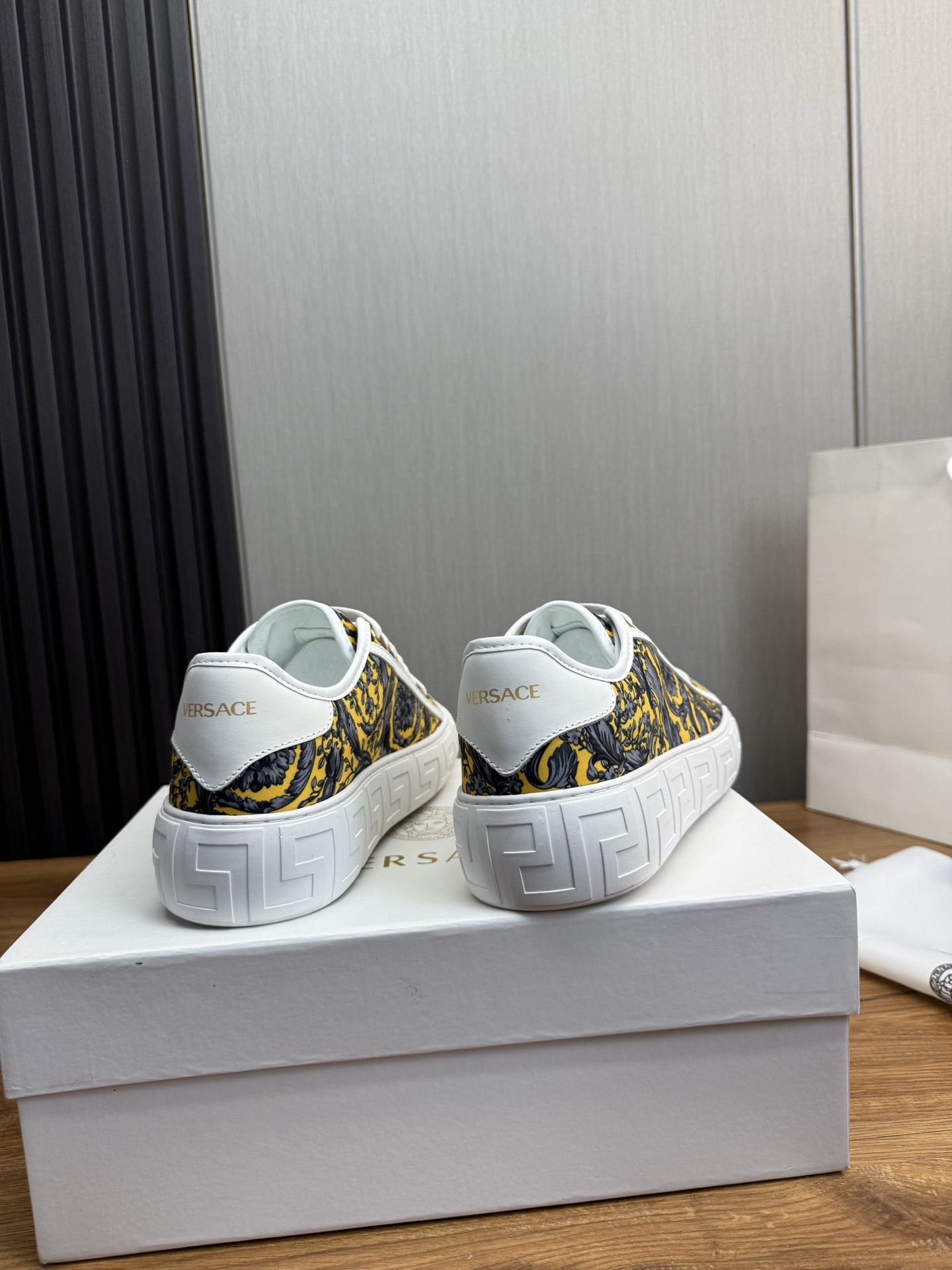 Versace Barocco Print Leather Sneakers Yellow