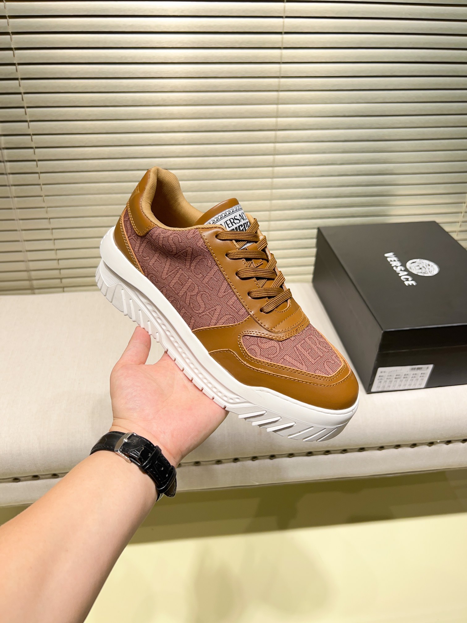 Versace Greca Knit Casual Sneakers Brown