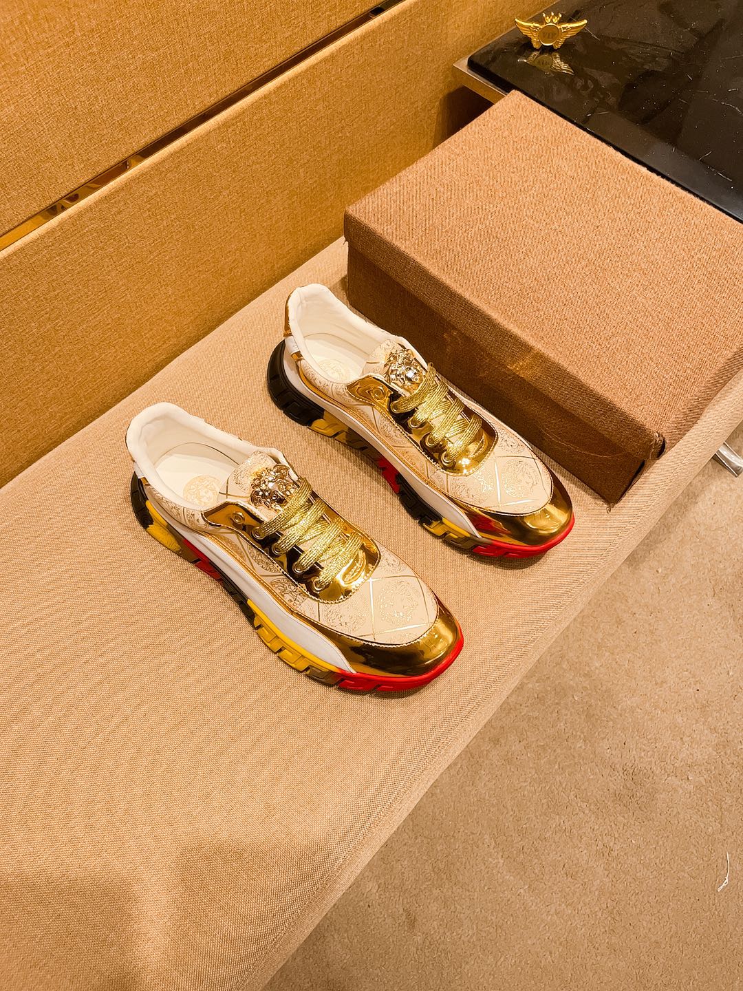 Versace Leather Runner Sneakers White Gold Multicolor