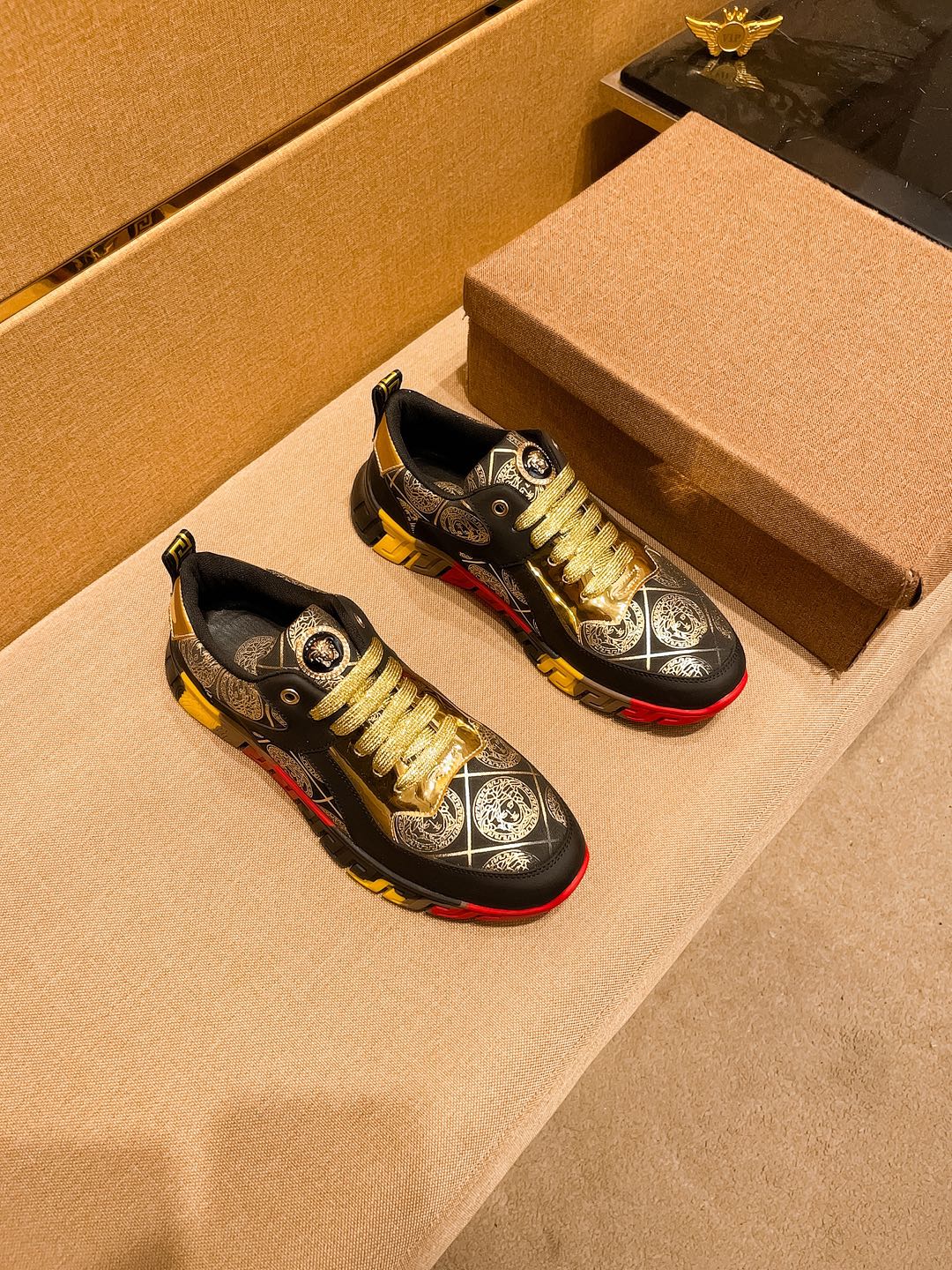 Versace Leather Low-Top Sneakers Black/Gold/Red