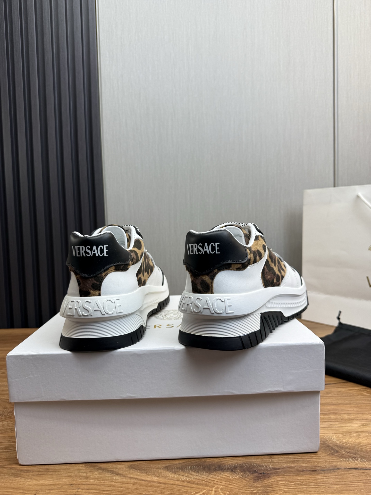 Versace Leather Casual Sneakers Leopard Brown