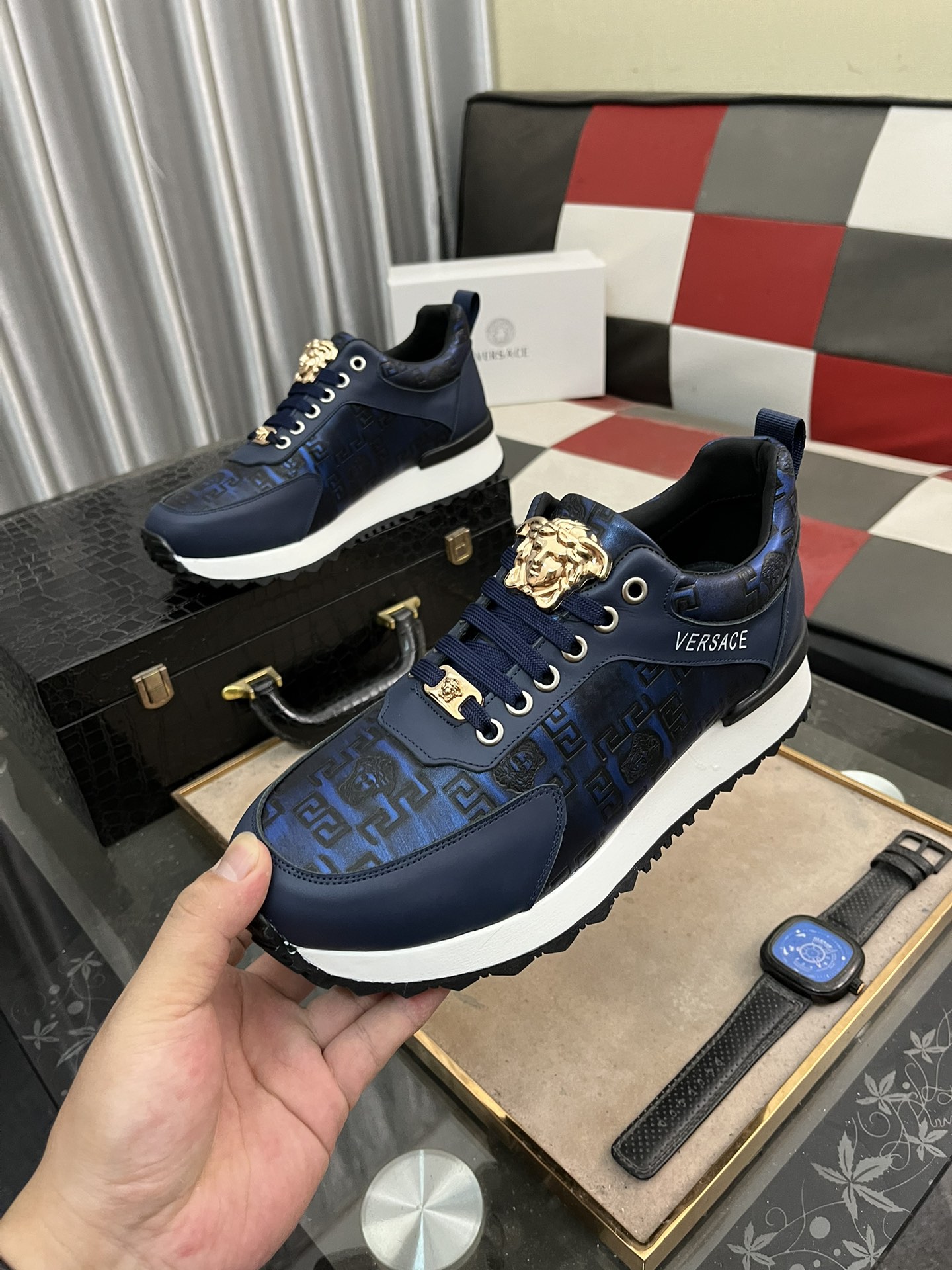 Versace Medusa Leather Sneakers Navy