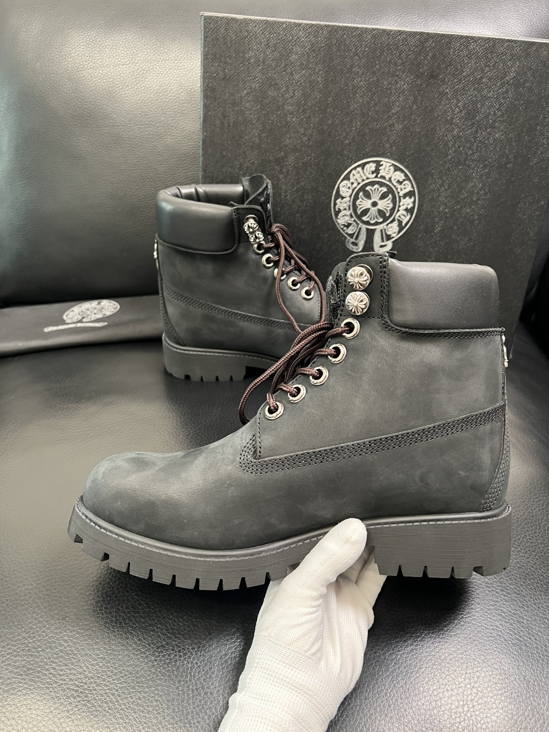 Chrome Heart Cross Patch Leather Boots Black