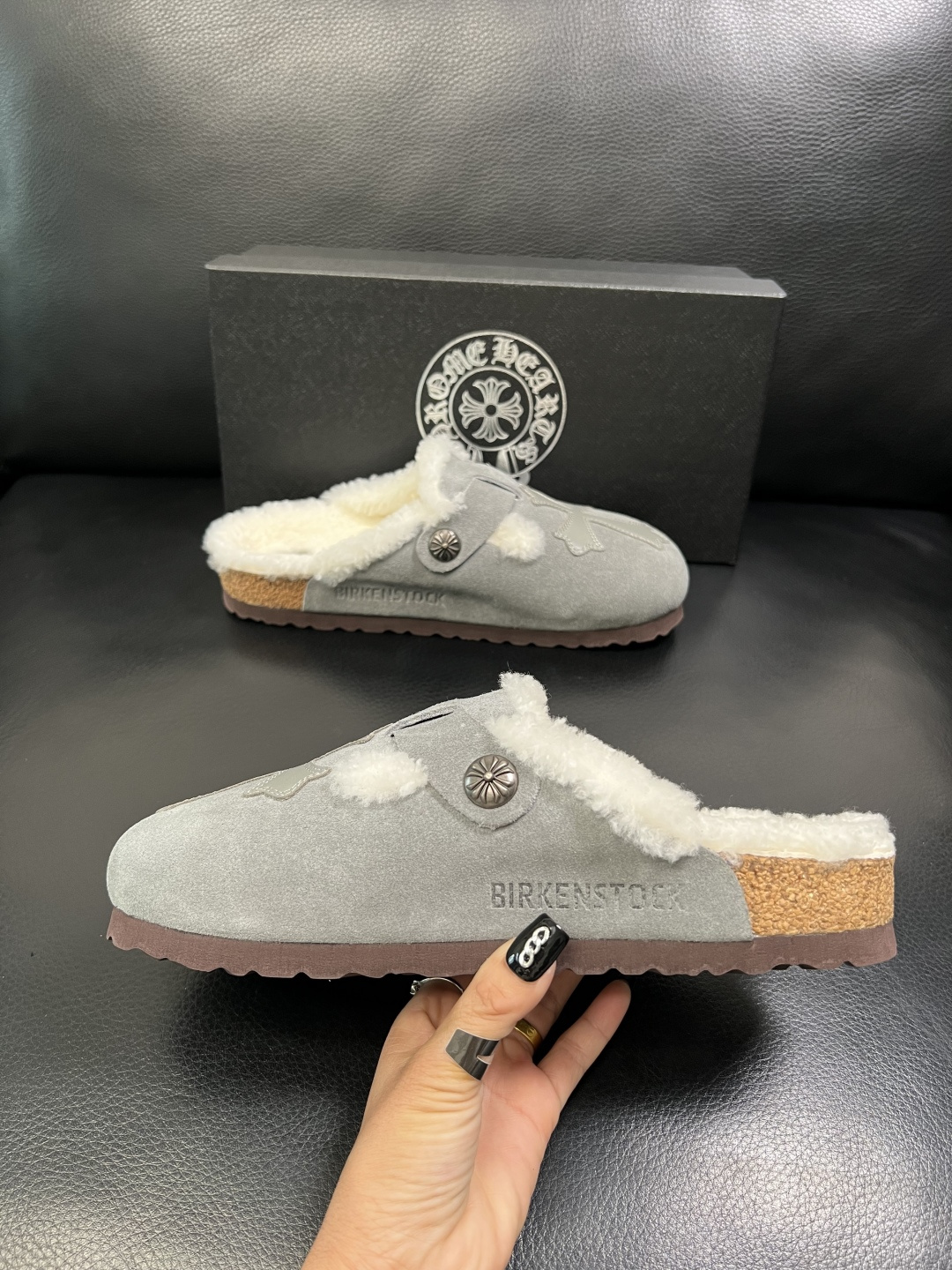 Chrome Heart Shearling-Lined Suede Clogs Gray