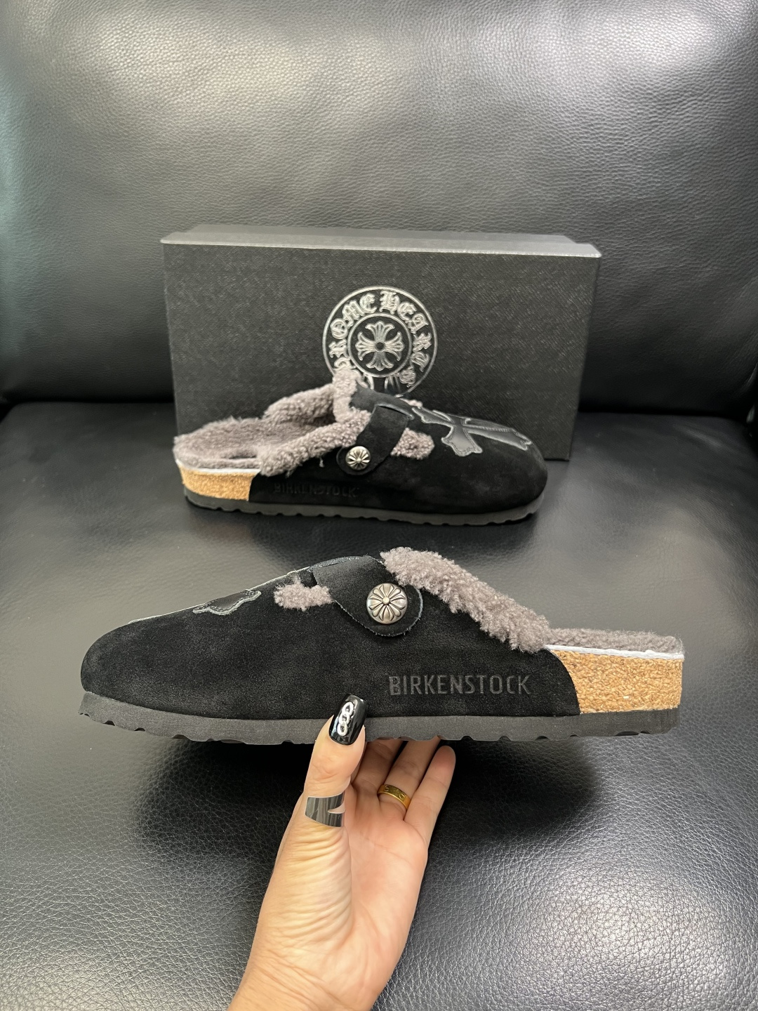Chrome Heart Shearling Lined Suede Clogs Black