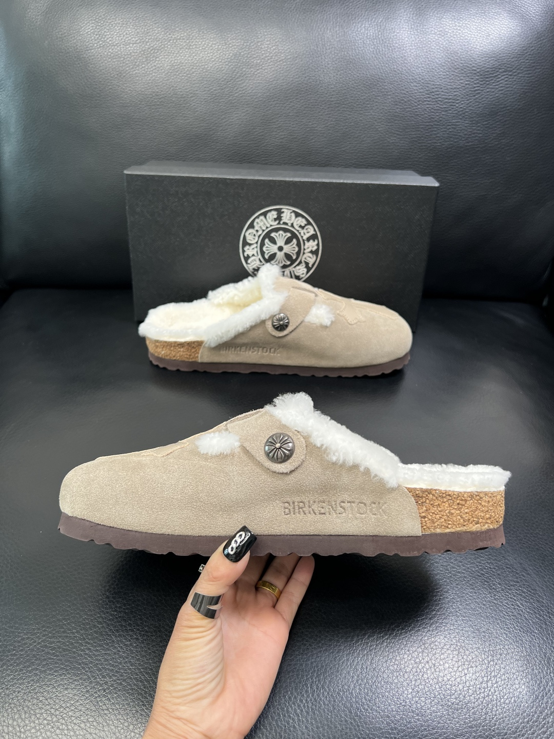 Chrome Heart Shearling Suede Clogs Beige