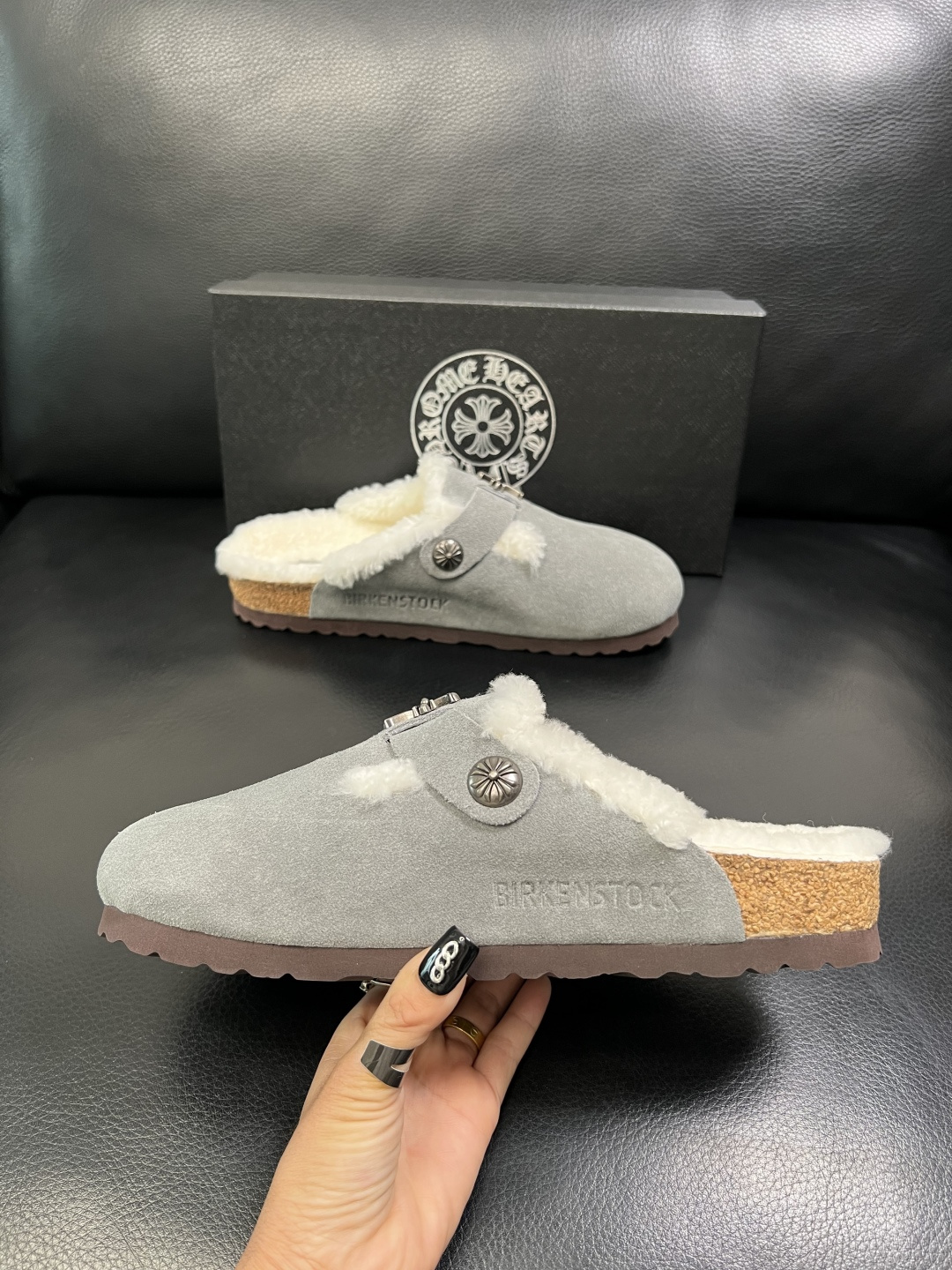 Chrome Heart Shearling Clogs Gray