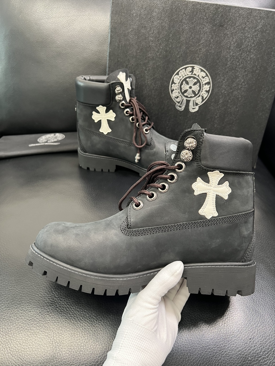 Chrome Heart Cross Leather Ankle Boots Black