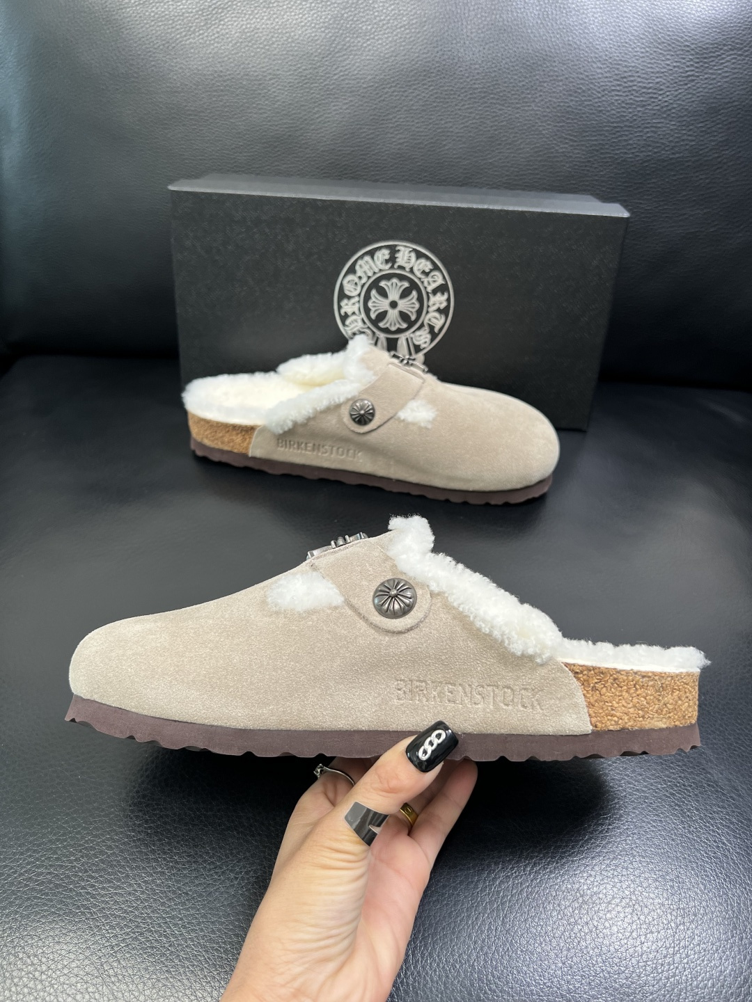 Chrome Heart Shearling-Lined Suede Clogs Beige