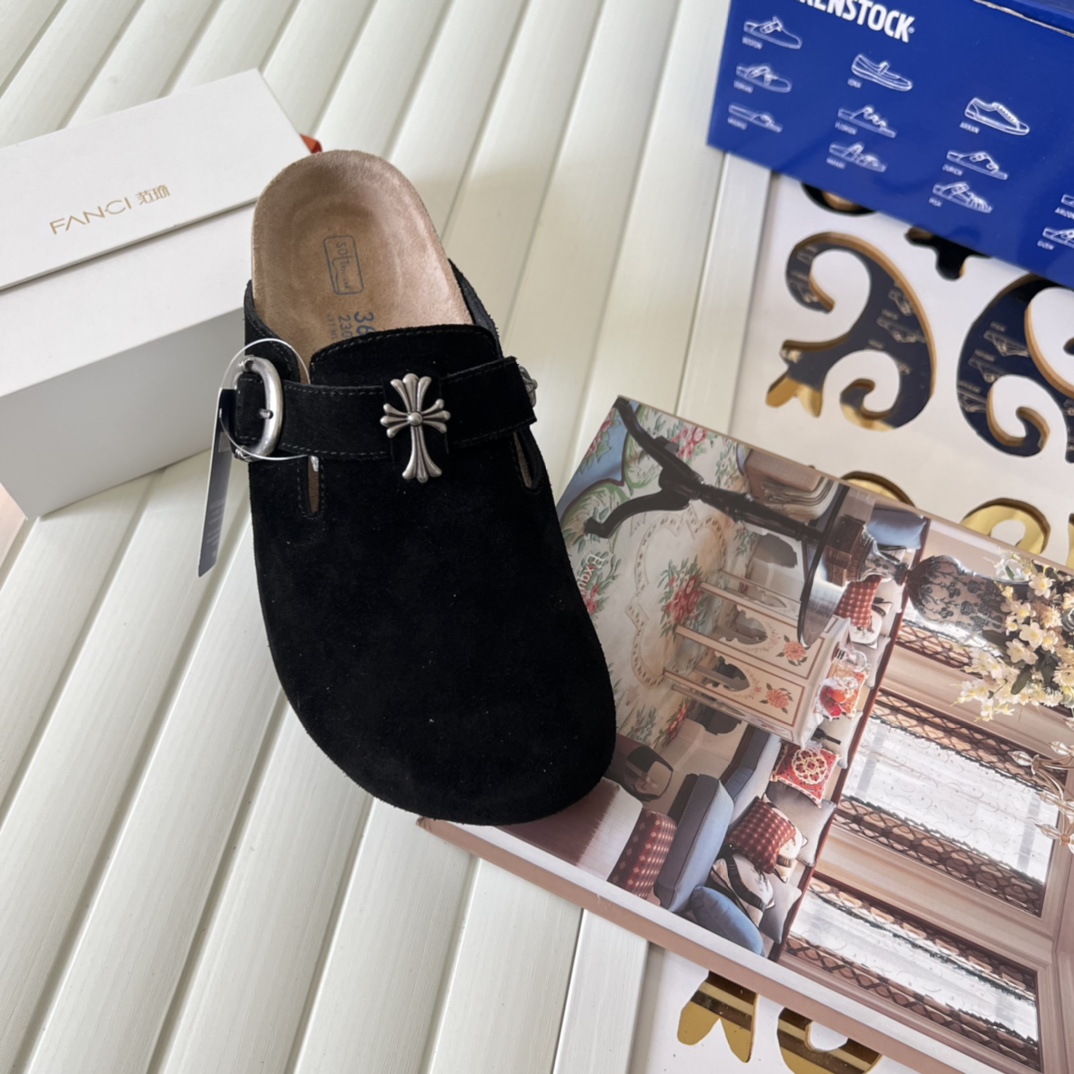 Birkenstock Suede Cross Buckle Clogs Black