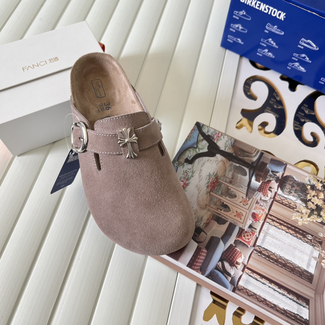 Birkenstock Suede Cross Buckle Clogs Taupe