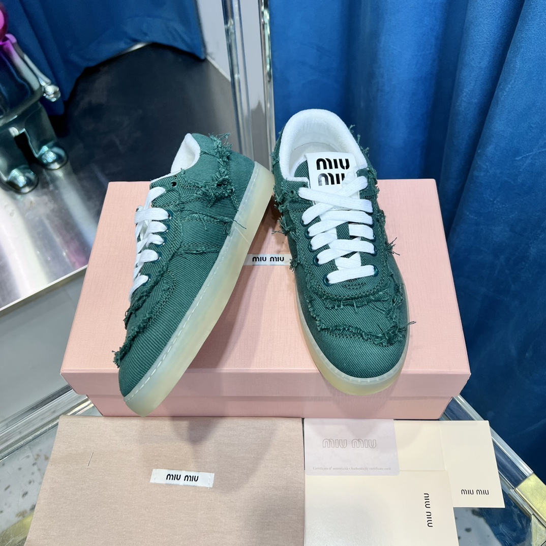 Miu Miu Frayed Canvas Sneakers Green