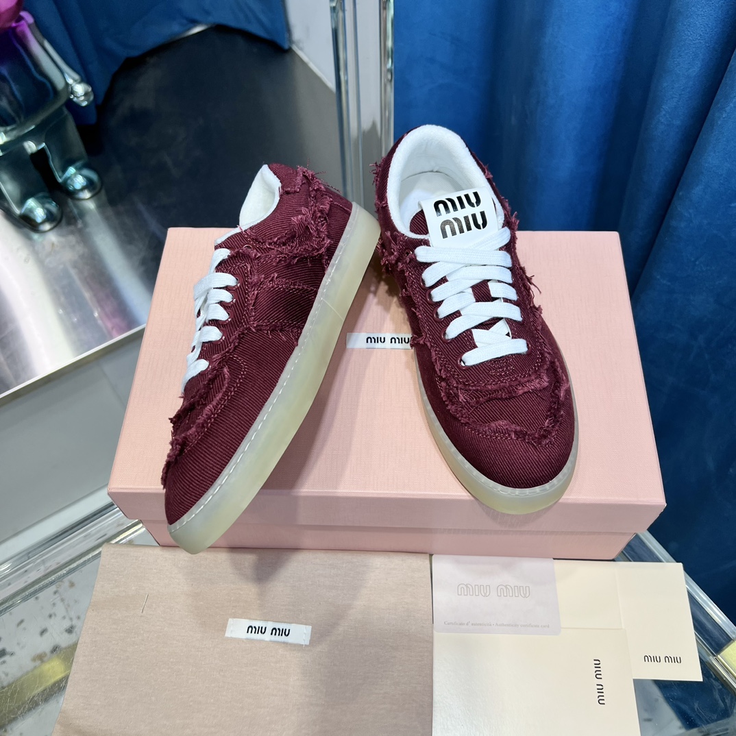 Miu Miu Frayed Canvas Sneaker Burgundy