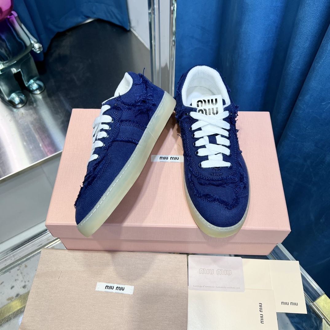 Miu Miu Distressed Canvas Sneakers Navy