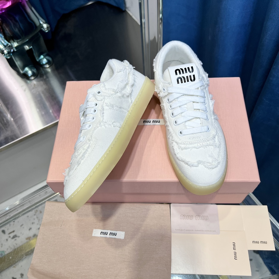 Miu Miu Frayed Canvas Sneakers White