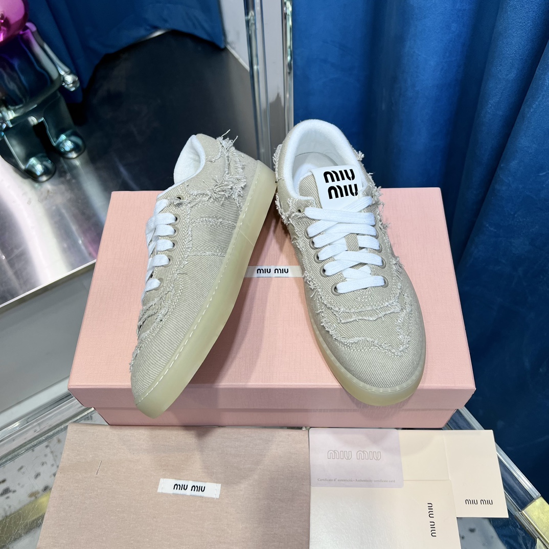 Miu Miu Distressed Fringe Canvas Sneakers Beige