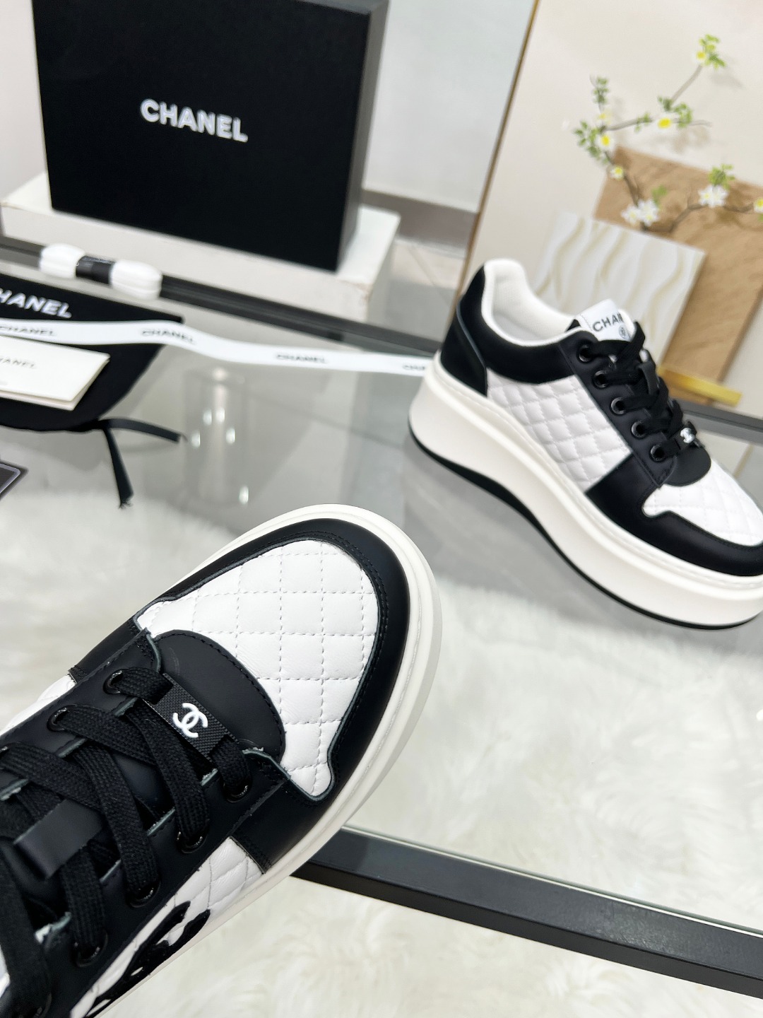 Chanel 25C Quilted Platform Sneakers Black/White