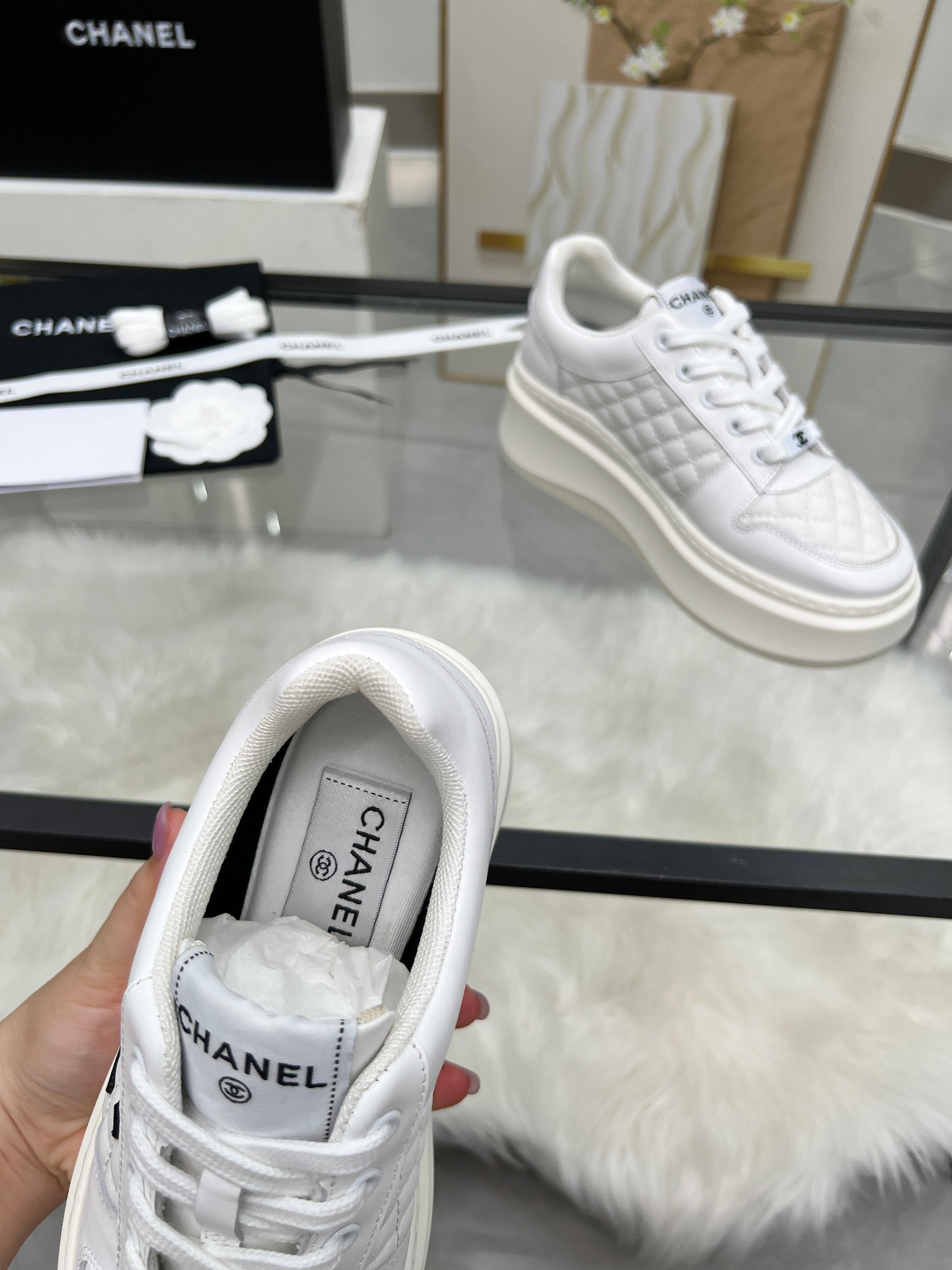 Chanel 25C Quilted Platform Sneakers White/Black