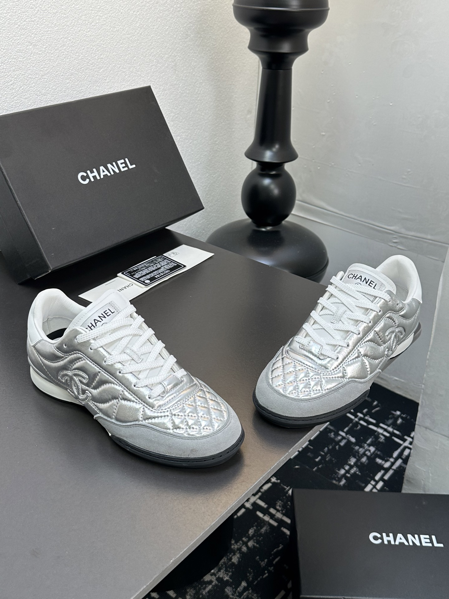 Chanel Quilted Leather Sneakers Silver