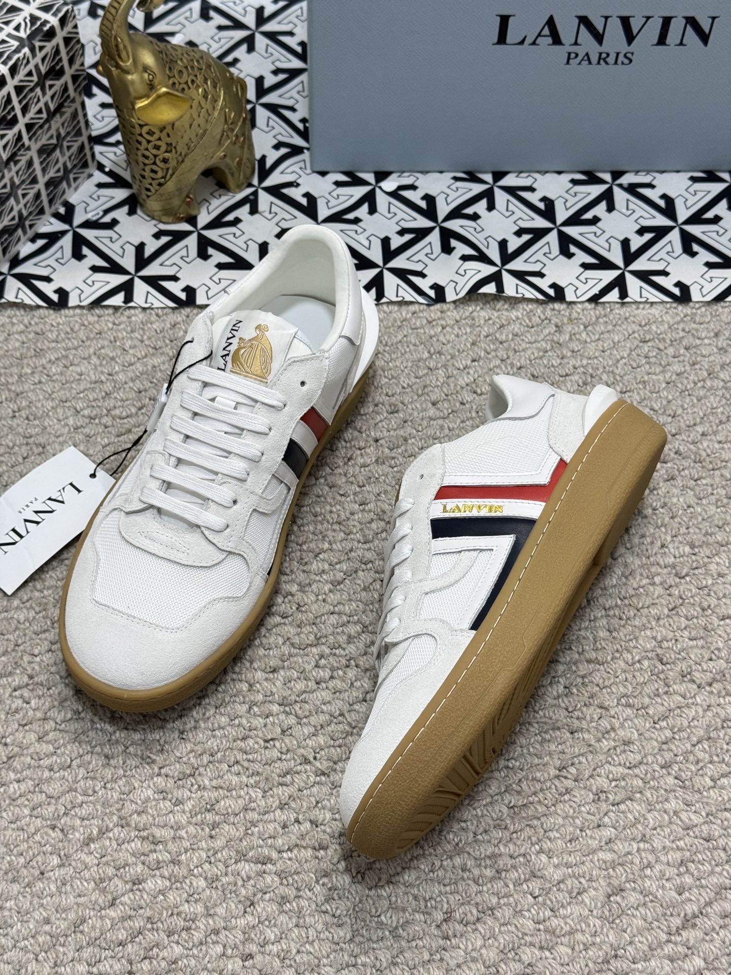 Lanvin Suede Mesh Low-Top Sneakers White/Red/Navy