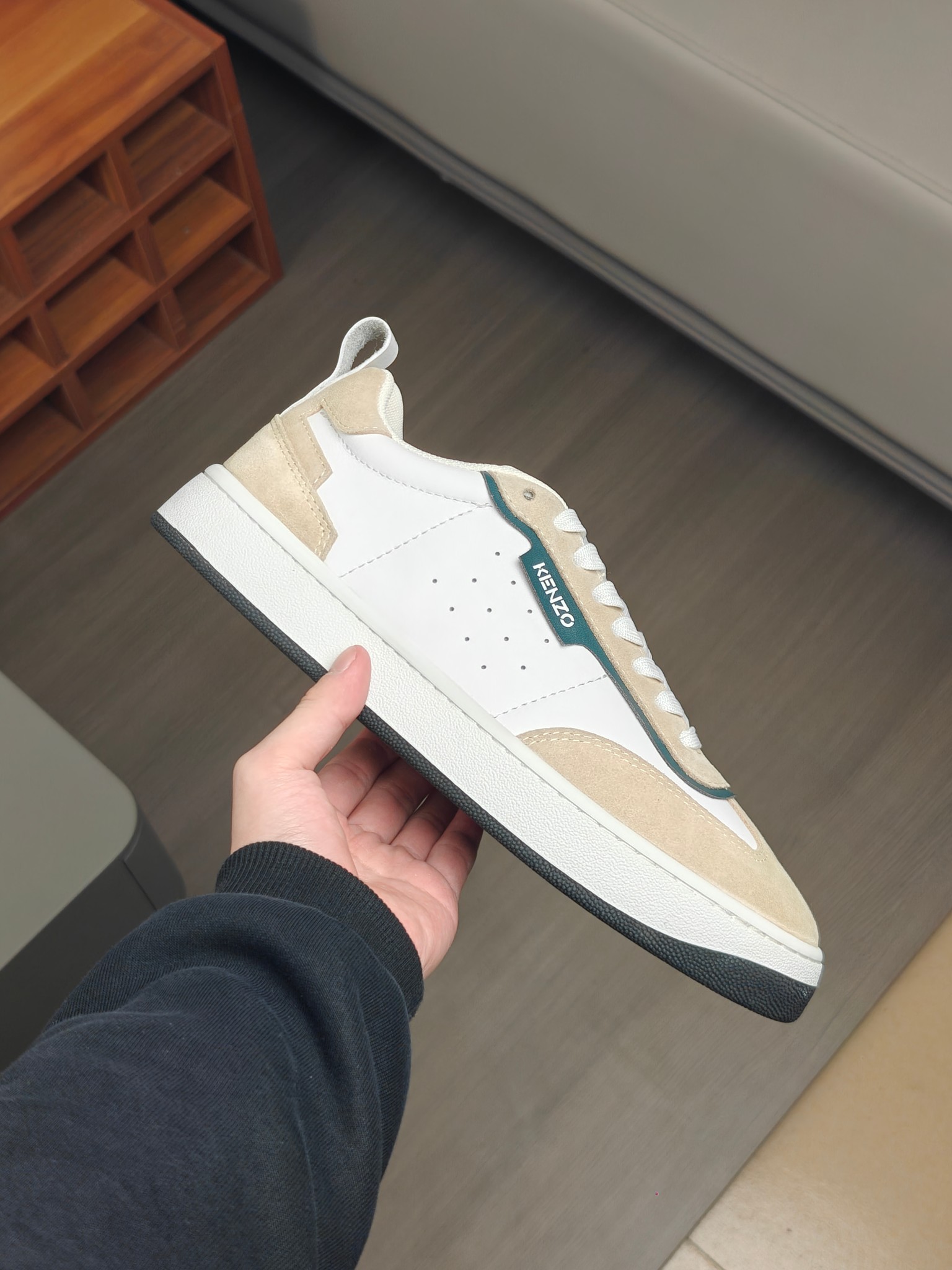KENZO Calf Leather Low-Top Sneakers Beige