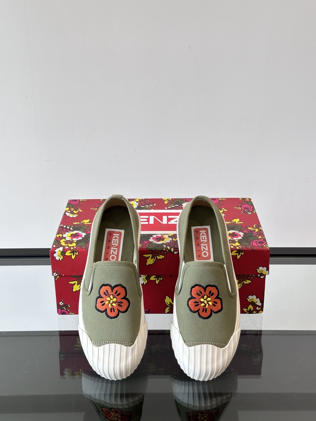 Kenzo Floral Slip-On Canvas Sneakers Olive