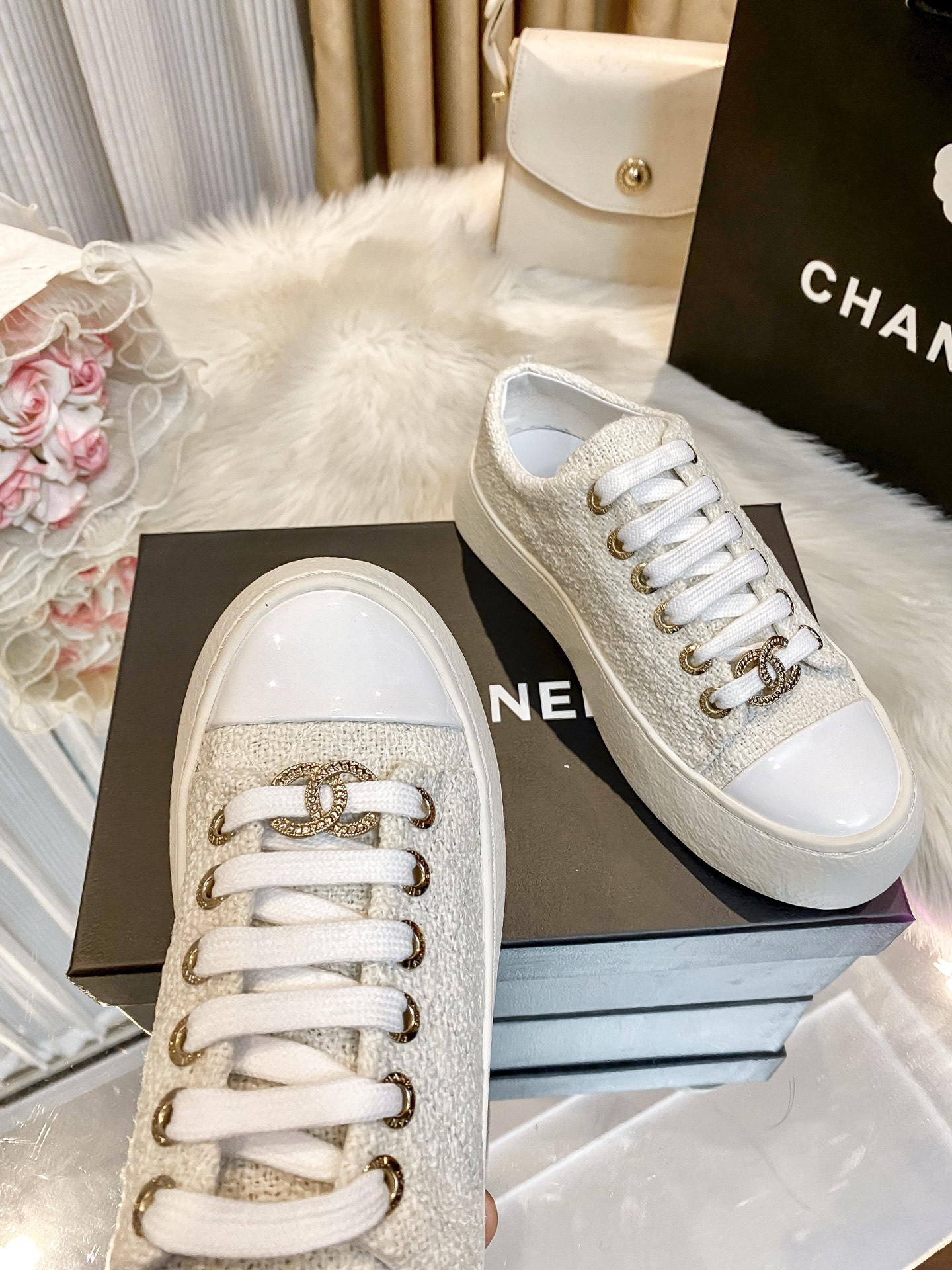 Chanel Tweed Platform Sneakers White