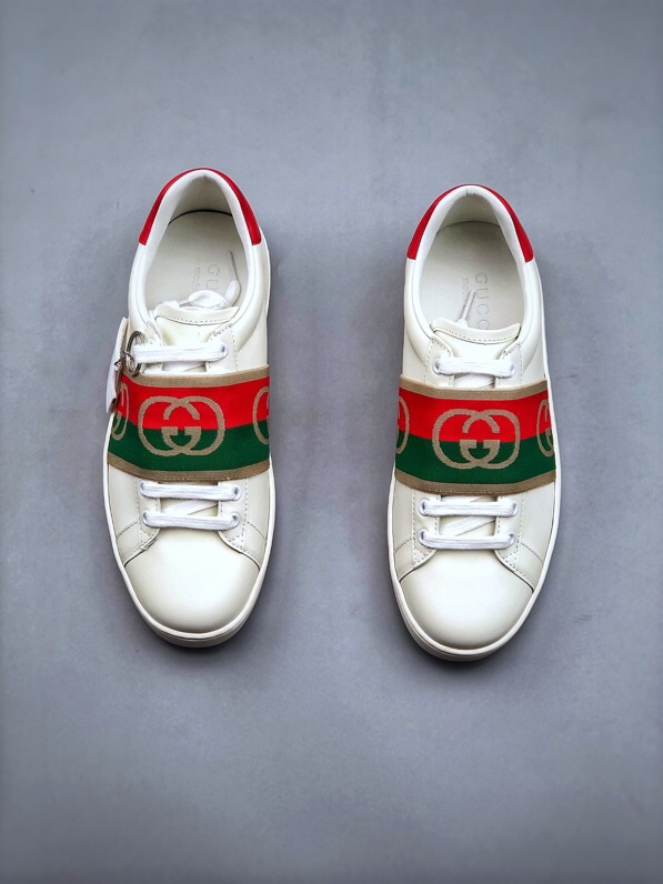 Gucci Ace Web Stripe Leather Sneakers Beige