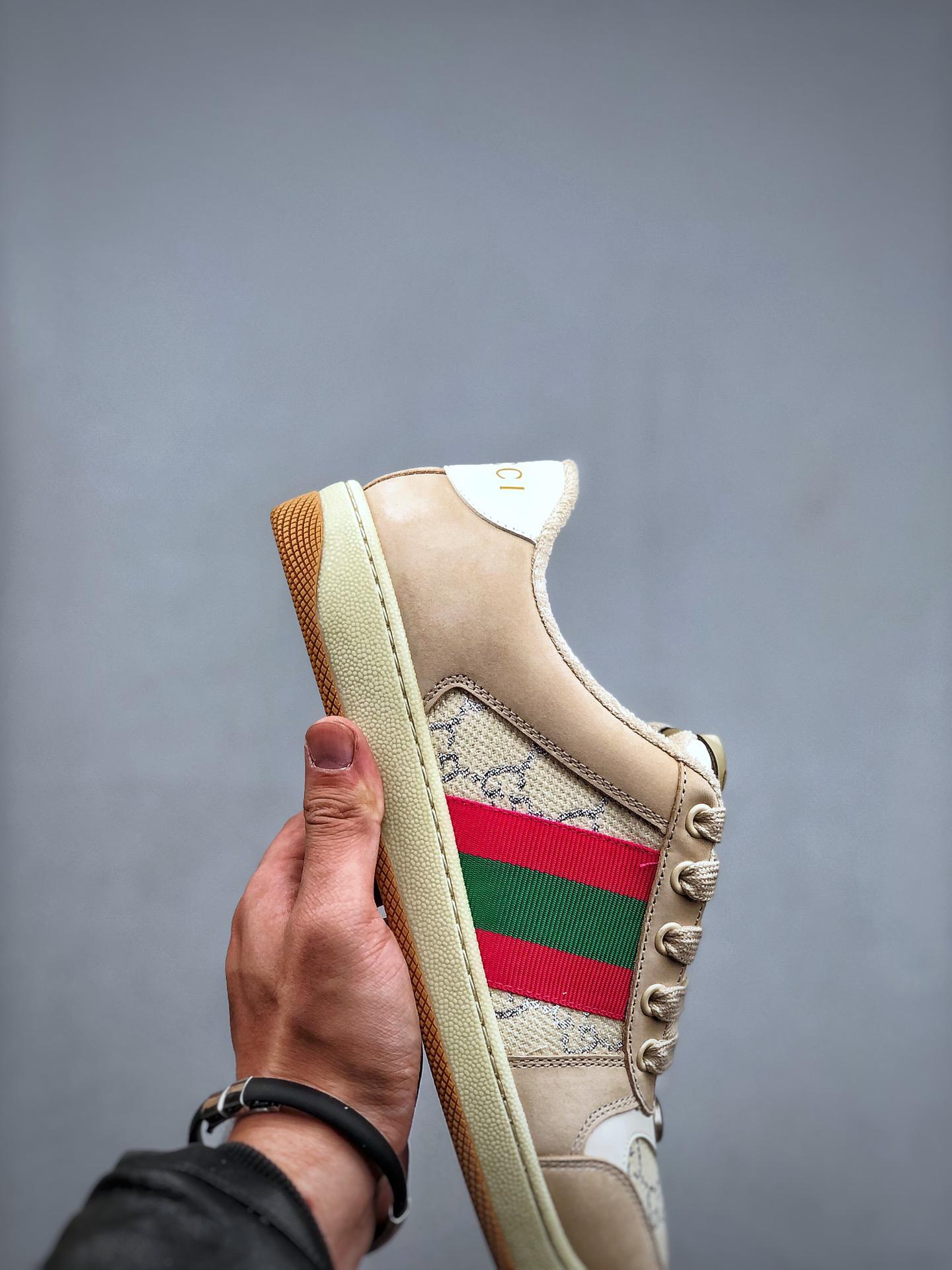 Gucci Distressed Screener Sneakers Beige