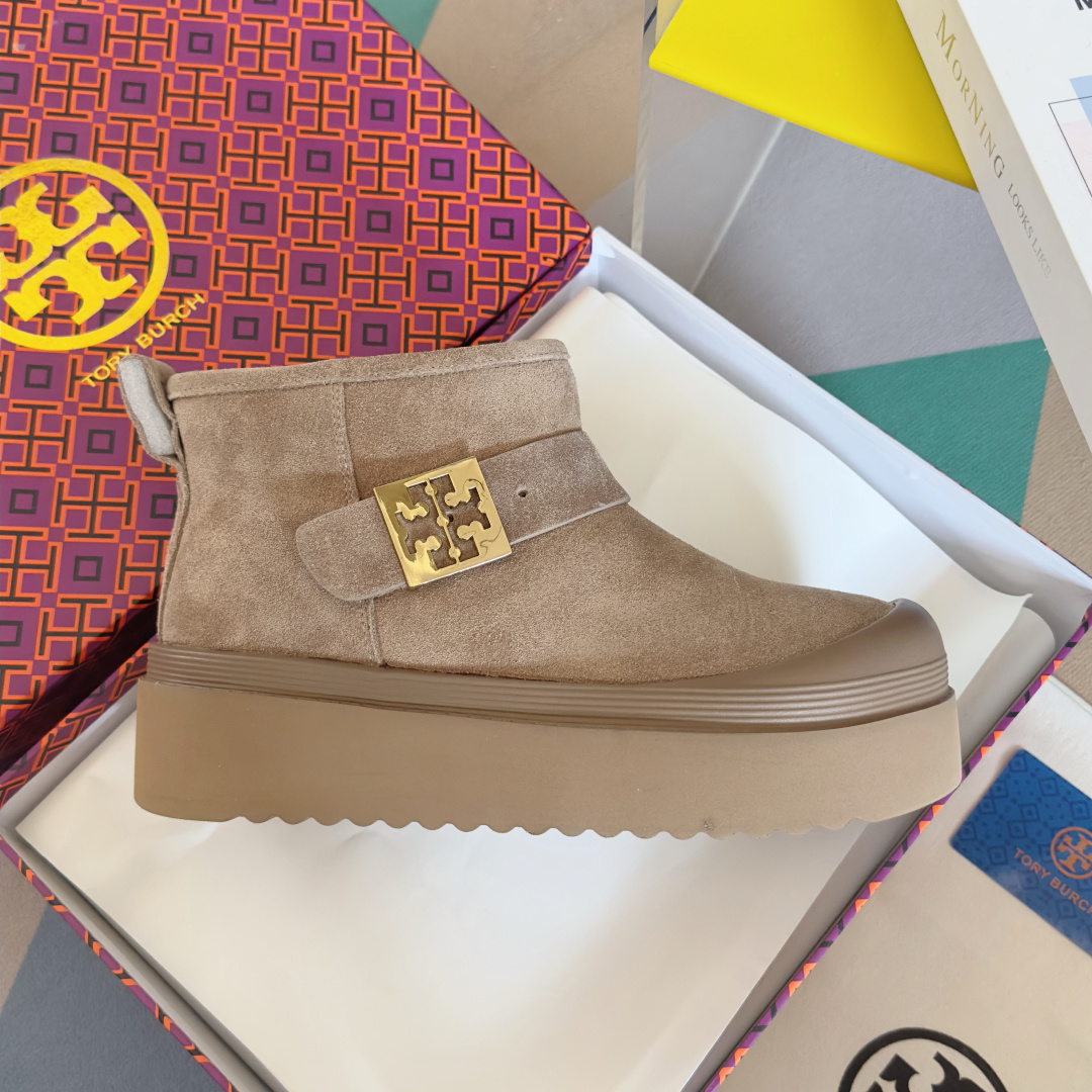 Tory Burch Mellow Shearling Platform Snow Boots Beige