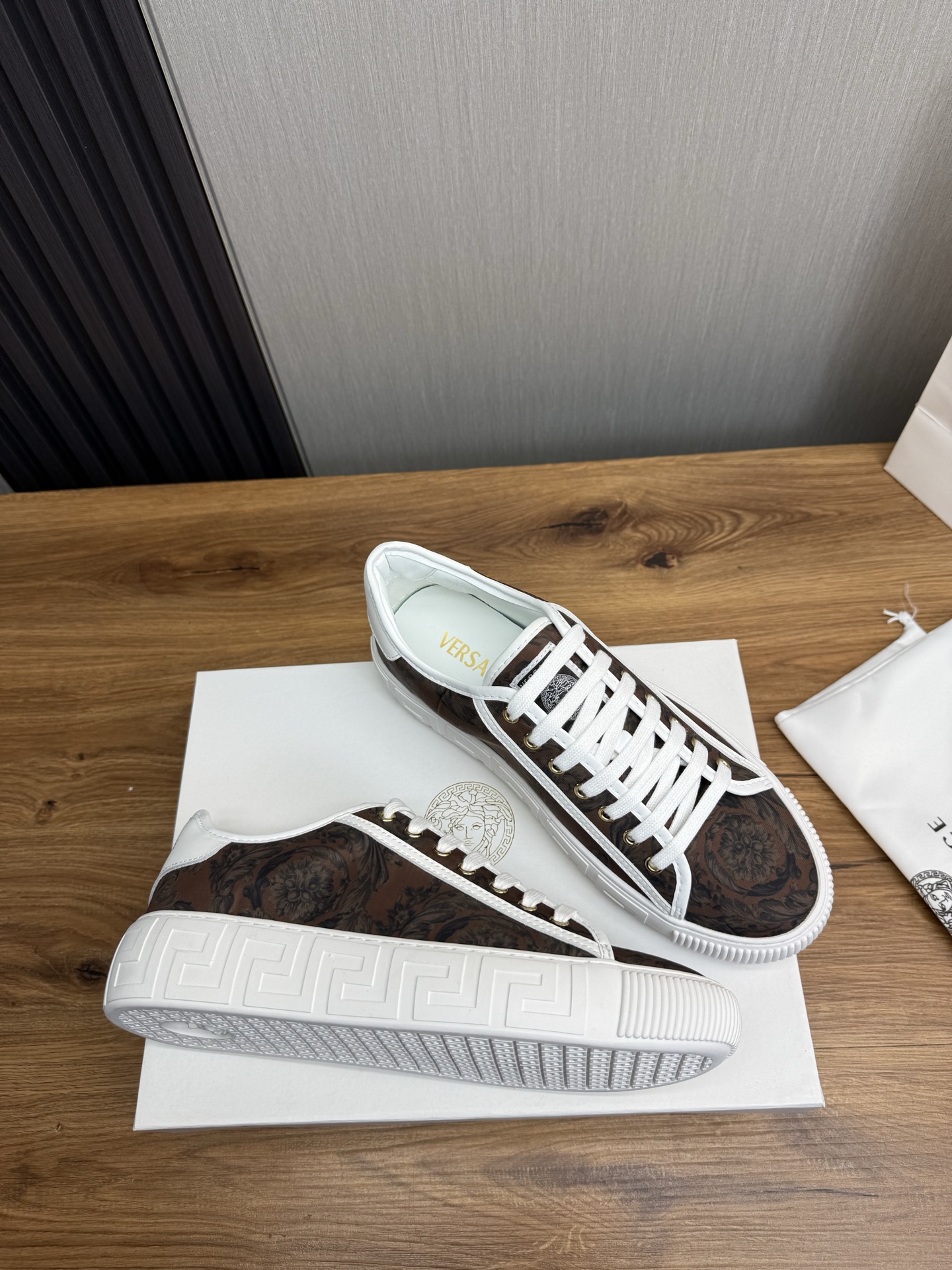 Versace Baroque Leather Sneakers Brown