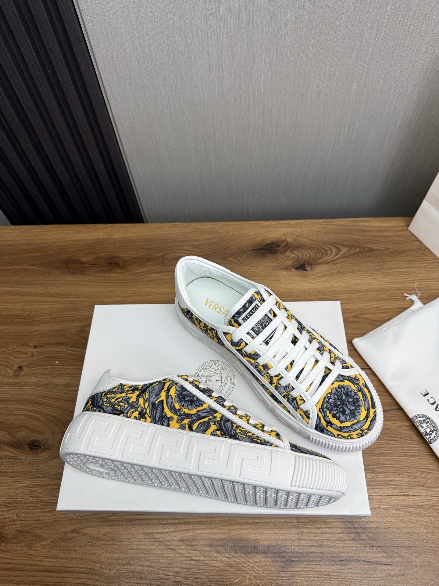 Versace Barocco Print Leather Sneakers Yellow