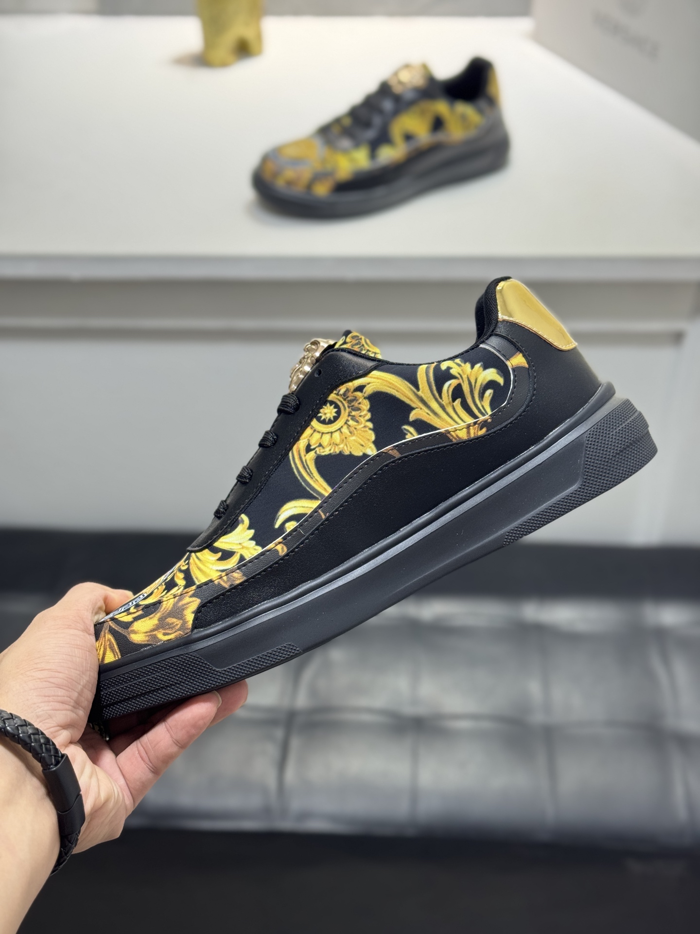 Versace Baroque Leather Sneakers Black/Gold