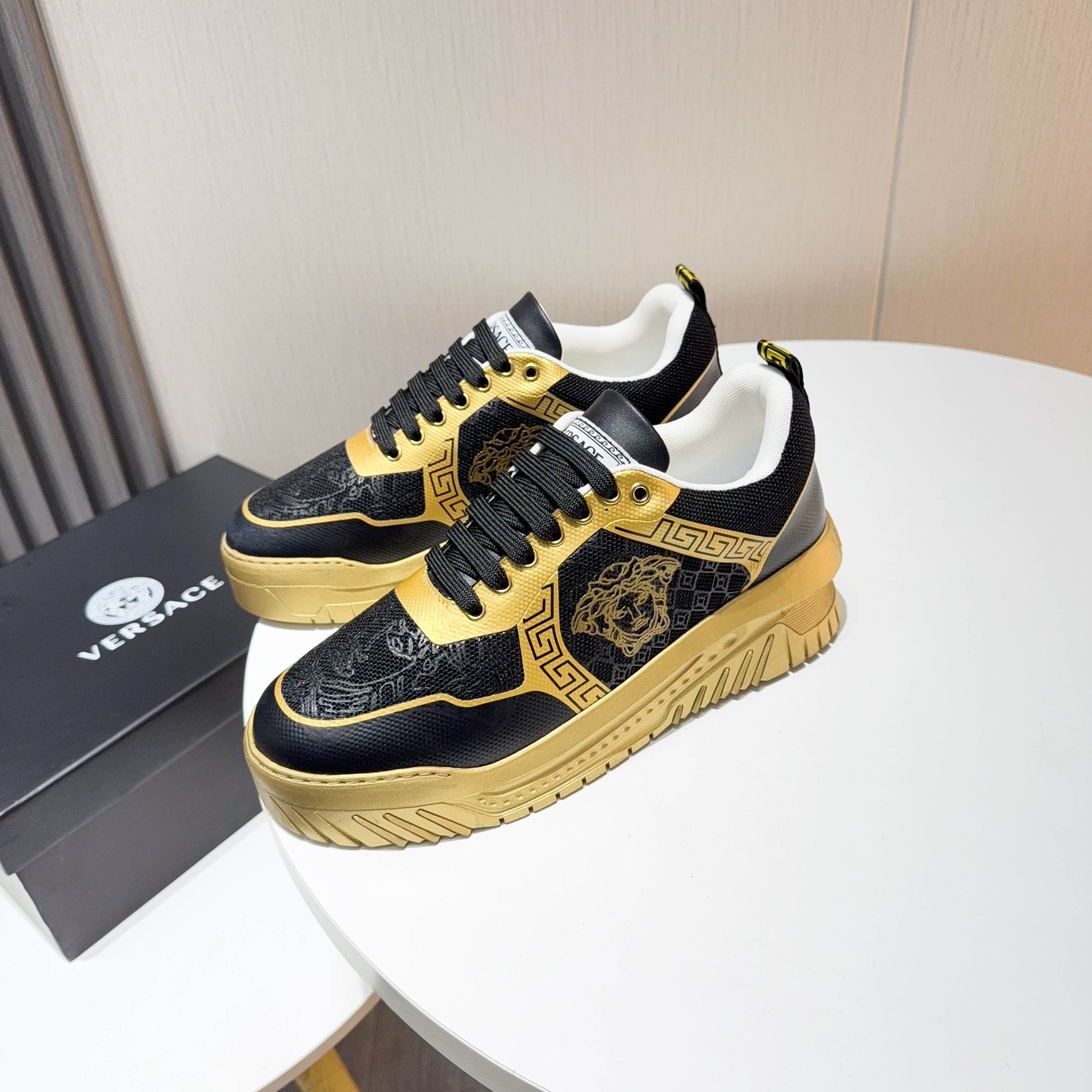 Versace Grace Labyrinth Knit Sneakers Black Gold