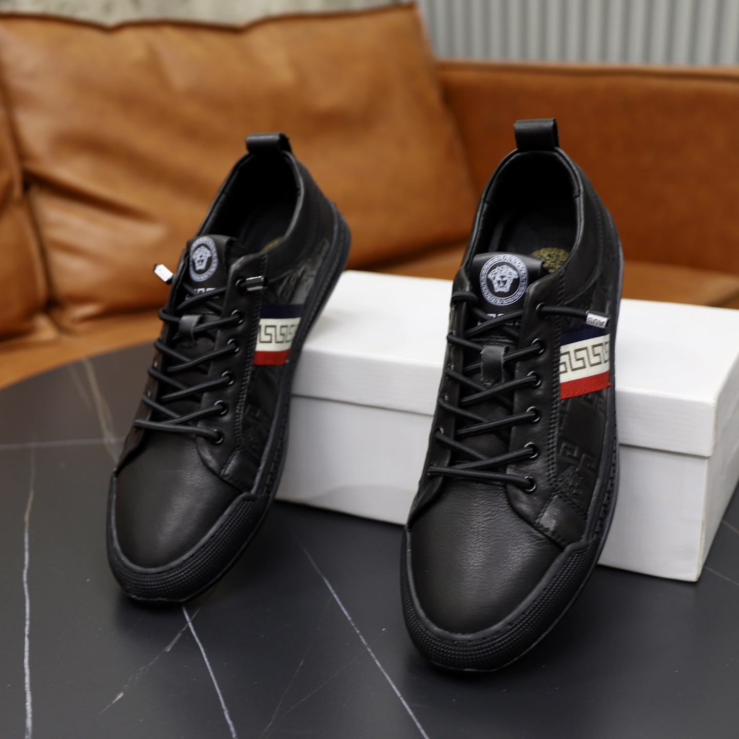 Versace Leather Low-Top Sneakers Black