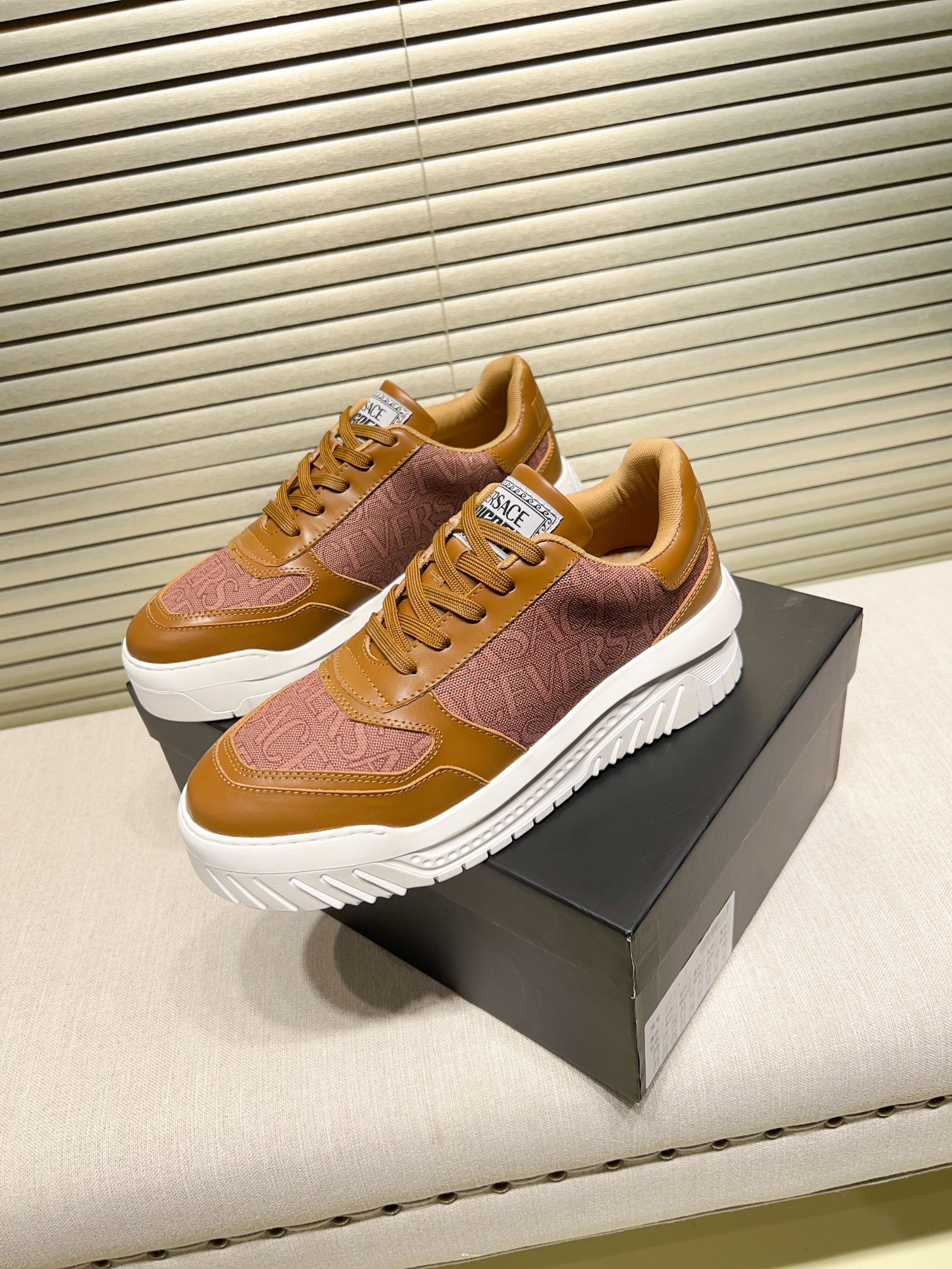 Versace Greca Knit Casual Sneakers Brown