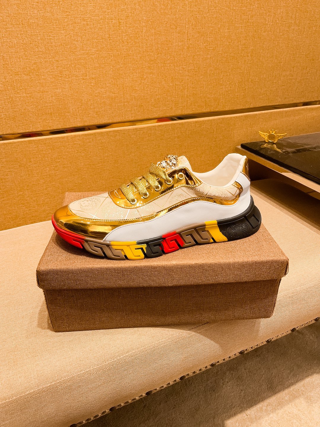 Versace Leather Runner Sneakers White Gold Multicolor