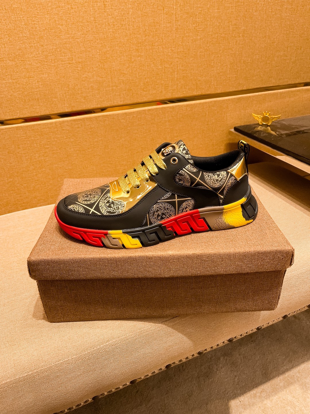 Versace Leather Low-Top Sneakers Black/Gold/Red