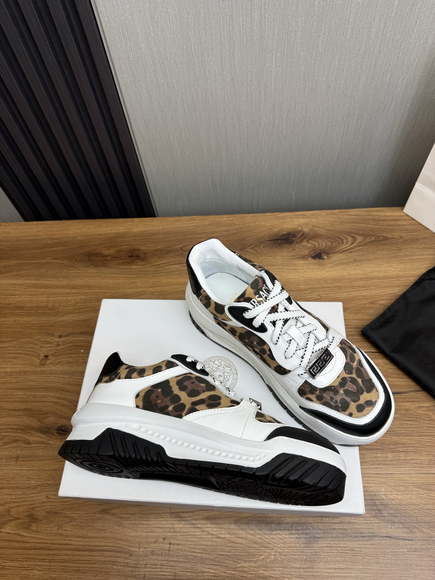 Versace Leather Casual Sneakers Leopard Brown