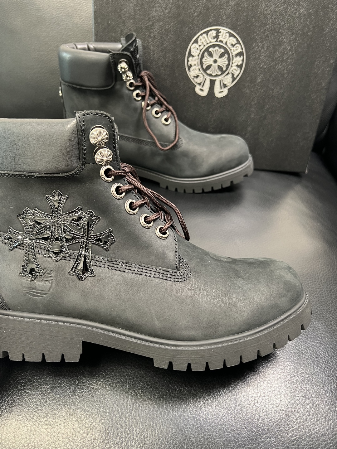 Chrome Heart Cross Patch Leather Boots Black
