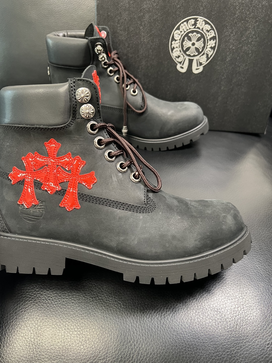 Chrome Heart Cross Patch Leather Boots Black/Red