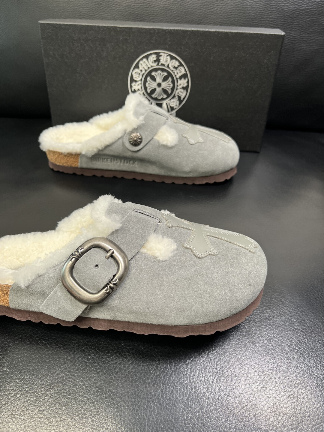 Chrome Heart Shearling-Lined Suede Clogs Gray