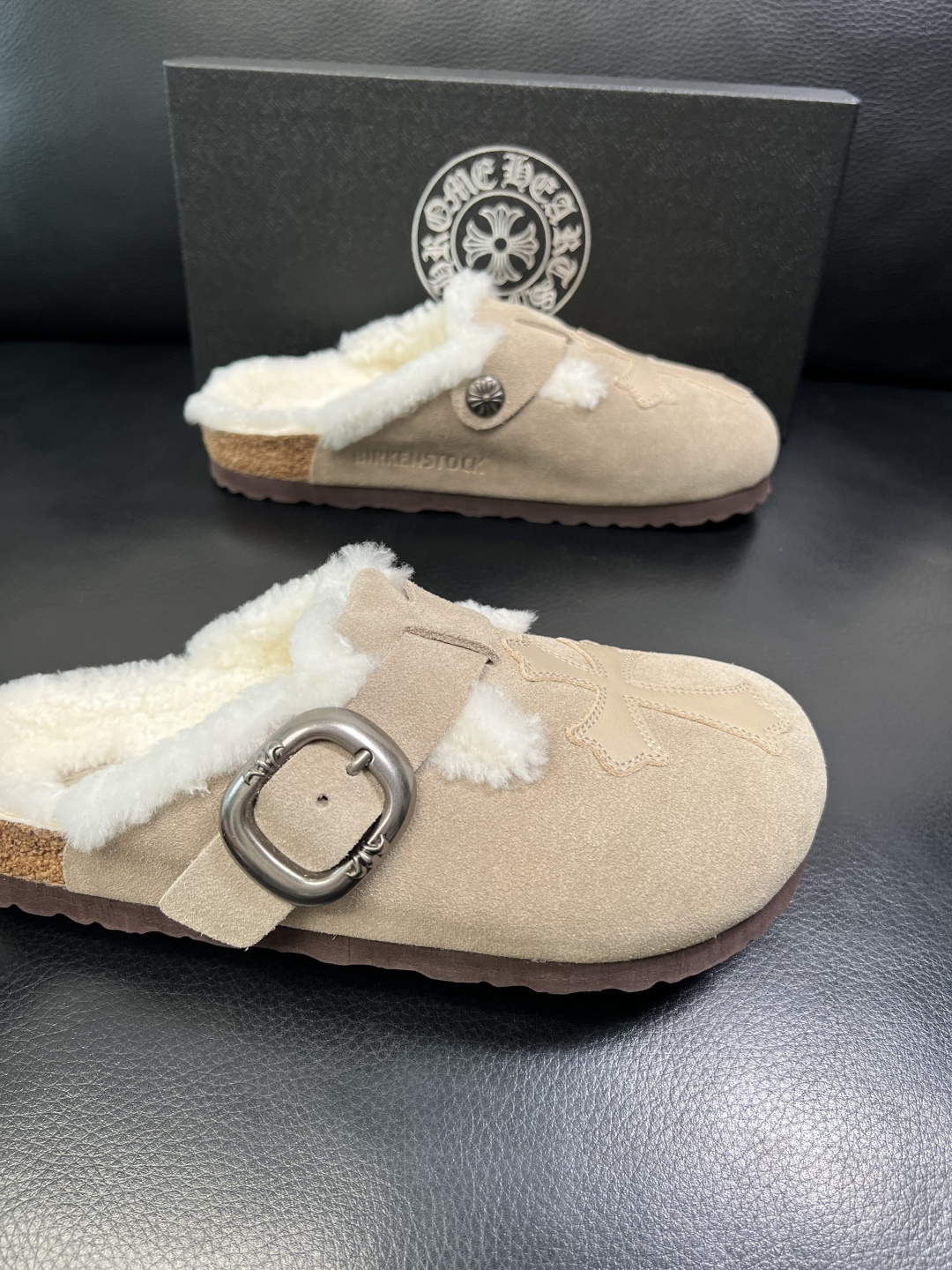 Chrome Heart Shearling Suede Clogs Beige