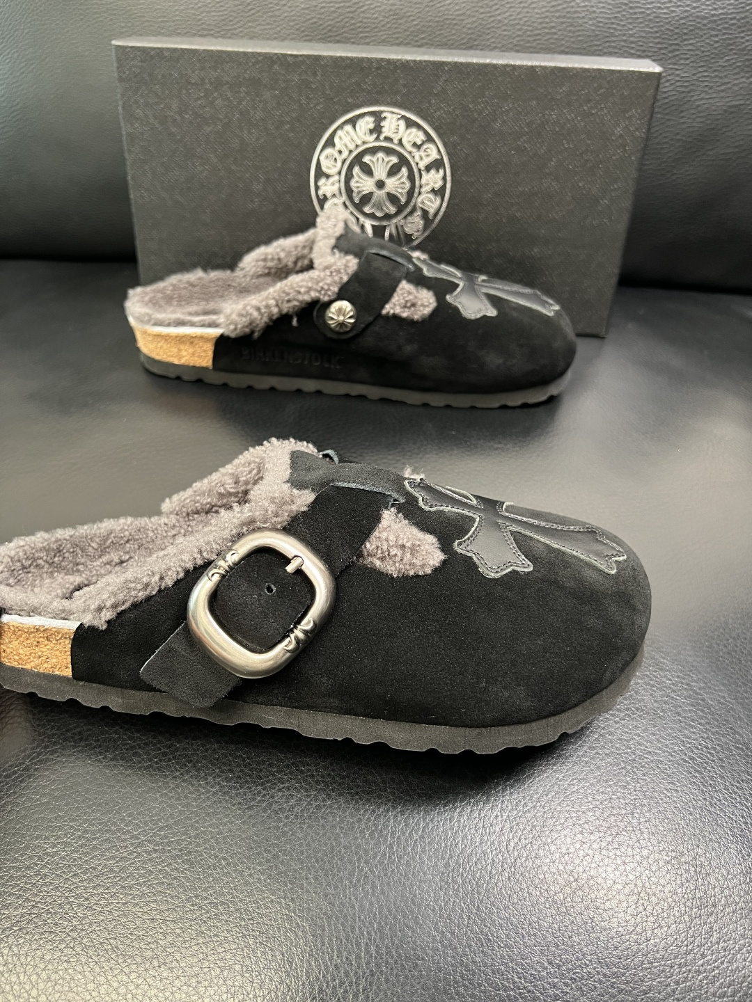 Chrome Heart Shearling Lined Suede Clogs Black