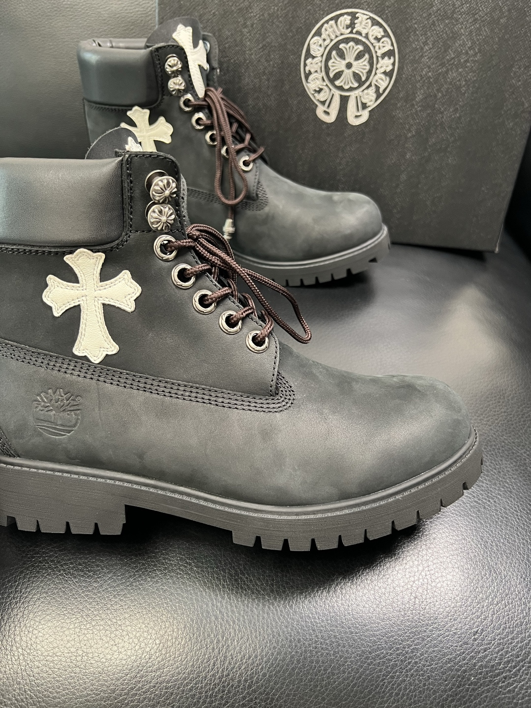 Chrome Heart Cross Leather Ankle Boots Black