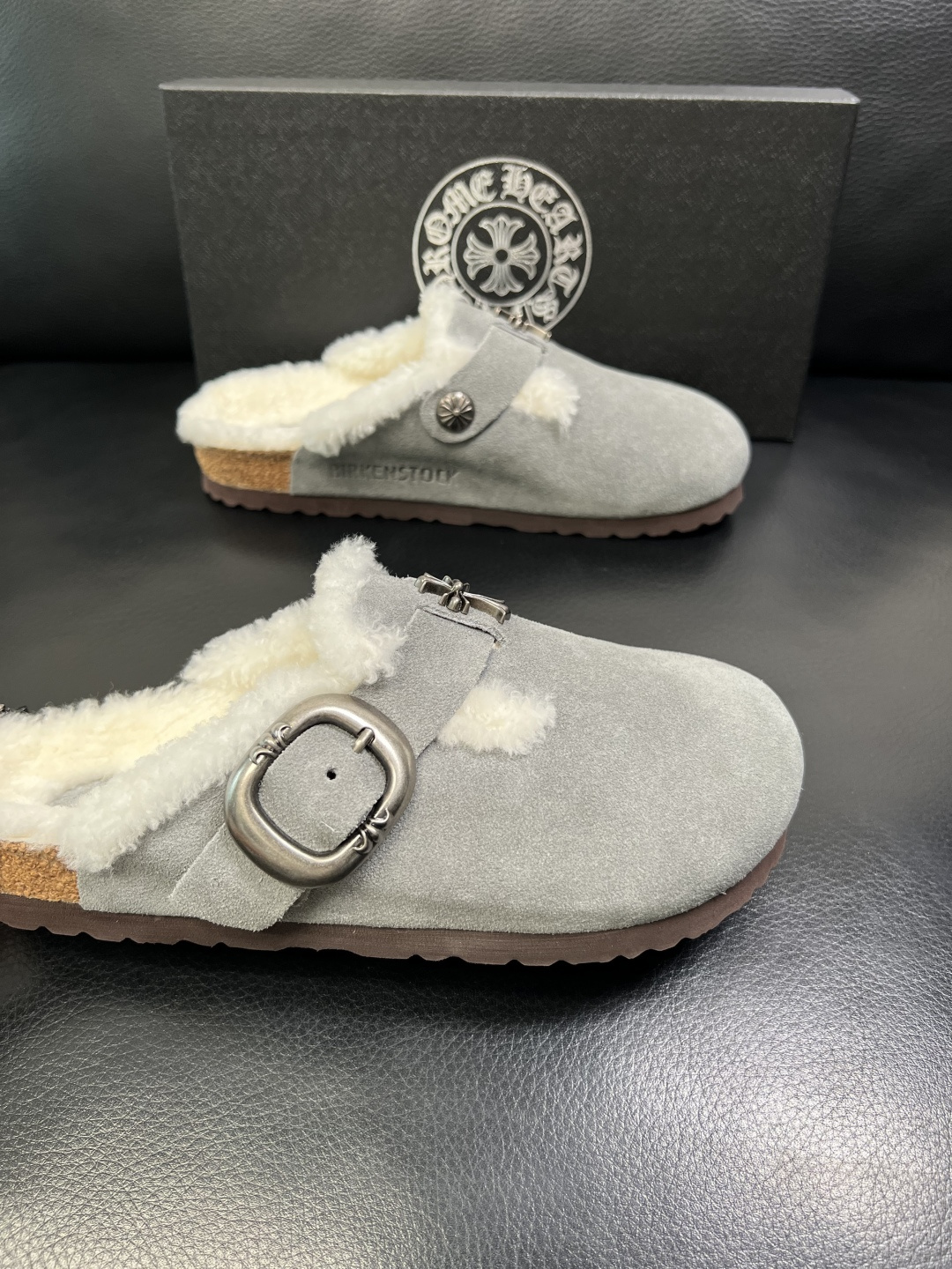 Chrome Heart Shearling Clogs Gray