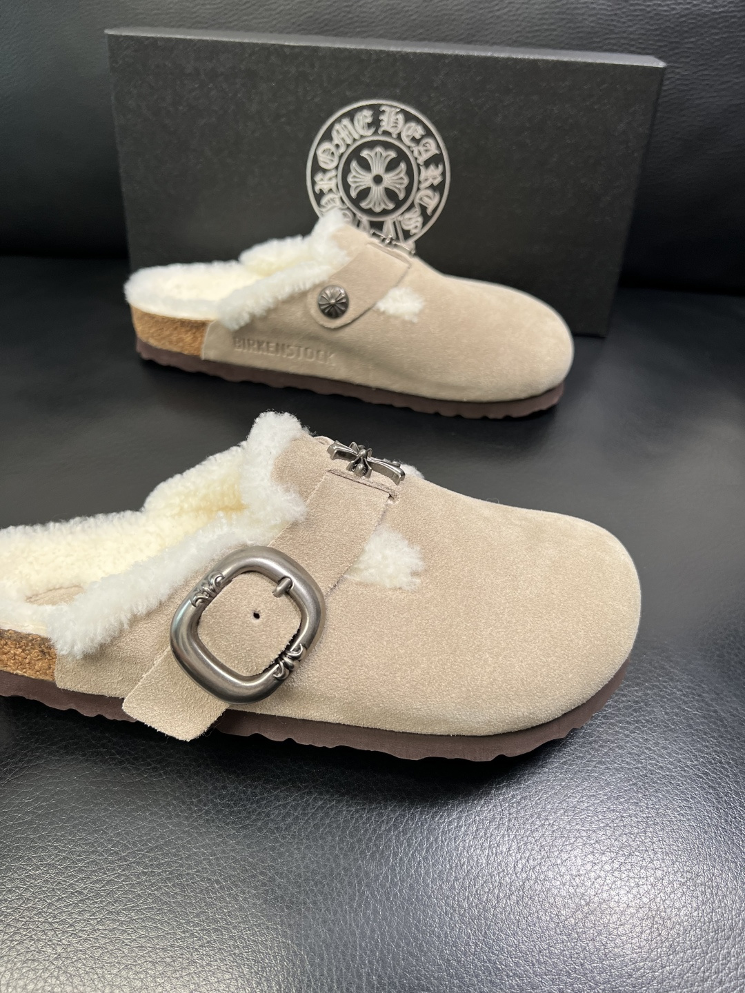 Chrome Heart Shearling-Lined Suede Clogs Beige
