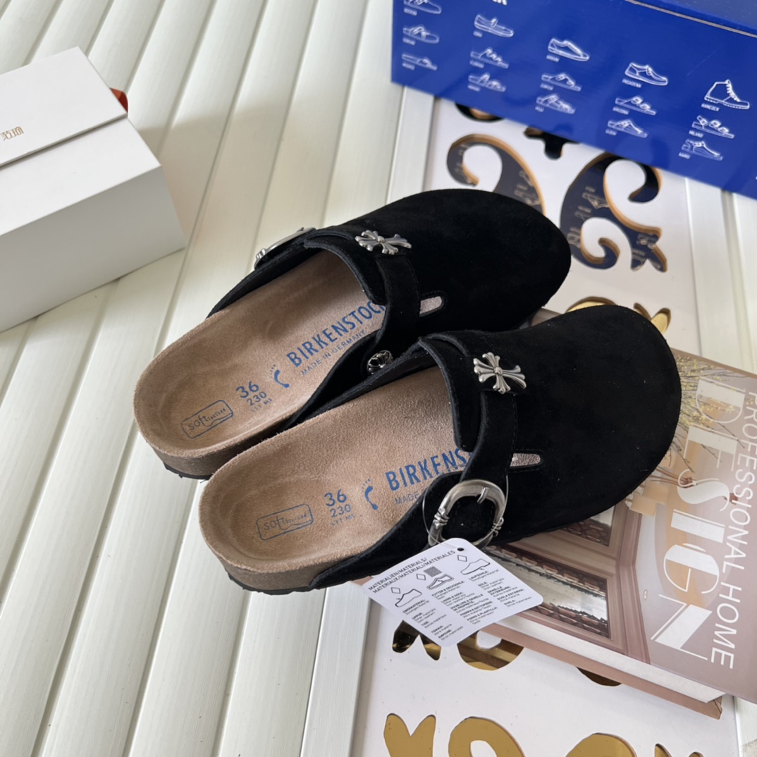 Birkenstock Suede Cross Buckle Clogs Black